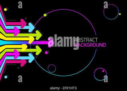 Bright abstract background with rainbow arrows on black backdrop. Futuristic vector illustration of moving forward. Stock Vector