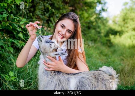 Woman and small goat green grass. Village animals. Girl play cute goat. Feeding animal. Protect animals. Veterinarian occupation. Eco farm. Love and Stock Photo