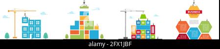 Tower crane made of colored blocks builds city. Set color concept of building business. Vector Illustration in modern flat style. Stock Vector