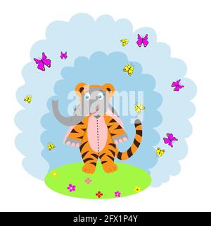 cute cartoon elephant dressed in a tiger costume stands. the concept of the animator. vector flat illustration. Stock Vector