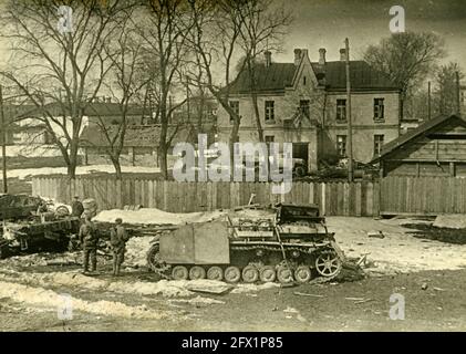 WW2 WWII knocked German tank Stug StuG III Ausf. G in Proskurov / Khmelnytskyi / Ukraine / USSR March 1944 Stock Photo