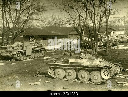 WW2 WWII knocked German tank Stug StuG III Ausf. G in Proskurov / Khmelnytskyi / Ukraine / USSR March 1944 Stock Photo