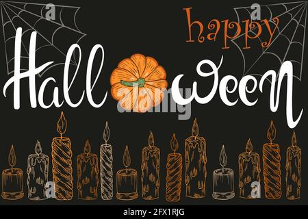 Happy Halloween lettering, vector. Banner with an inscription, pumpkin and candles. Halloween autumn holiday attributes on black background. Message a Stock Vector