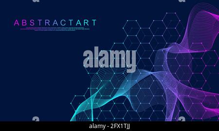 Technology abstract lines and dots connect background with hexagons. Hexagon grid. Hexagons connection digital data and big data concept. Hex digital Stock Vector