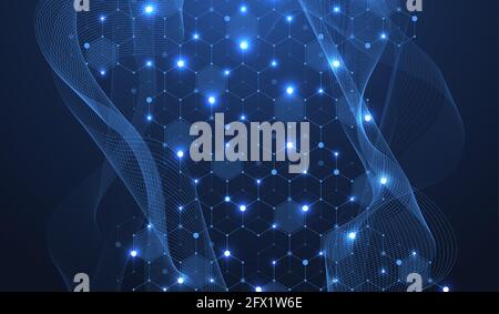 Technology abstract lines and dots connect background with hexagons. Hexagon grid. Hexagons connection digital data and big data concept. Hex digital Stock Vector