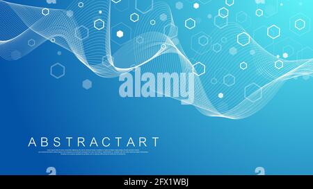 Molecular structure background. Science template wallpaper or banner with a DNA molecules. Asbtract molecule background with hexagons, wave flow Stock Vector