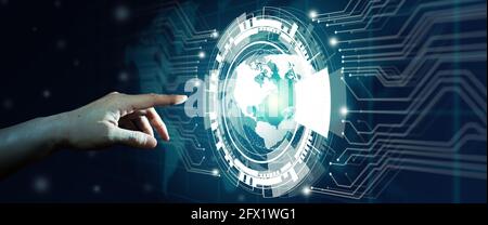 Businessman leading global network and data exchanges on futuristic hologram technology. Global International Connectivity with Digital and Technologi Stock Photo