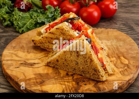 Vegetarian Club sandwich with eggplant and cheese Stock Photo