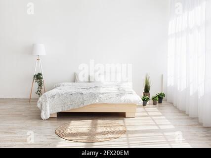 Double bed with pillows, blanket, carpet, lamp, green plants in pots, on wooden floor, on white wall background Stock Photo