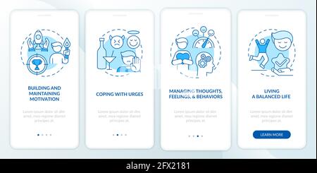 Addiction recovery steps methods onboarding mobile app page screen with concepts Stock Vector
