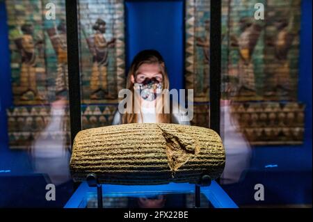 EMBARGOED till 00.01 25 May 2021 (ie available for print media tomorrow but not to be used online till then) - London, UK. 25 May 2021. The Cyrus Cylinder 539-538 BC, property of the British Museum - Epic Iran, a new exhibition at the V&A, opens as lockdown eases further. It explores 5,000 years of Iranian art, design and culture, bringing together over 300 objects from ancient, Islamic and contemporary Iran. It is the UK's first major exhibition in 90 years to present an overarching narrative of Iran from 3000 BC to the present day. Epic Iran is organised by the V&A with the Iran Heritage Fou Stock Photo
