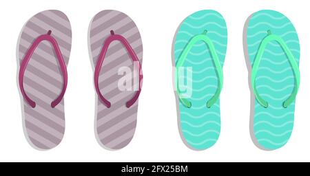 Beach rubber slippers in cartoon style stand on sandy seashore. Beach shoes. Color vector Stock Vector