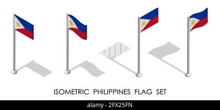 isometric Flag of Republic of Philippines in static position and in motion on flagpole. 3d vector Stock Vector