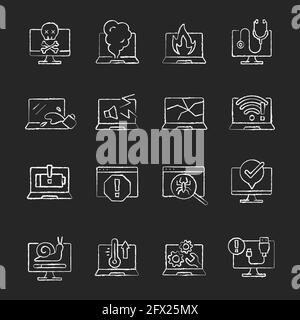 Computer problems chalk white icons set on black background Stock Vector