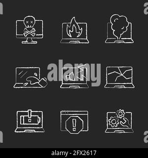 Computer damage chalk white icons set on black background Stock Vector