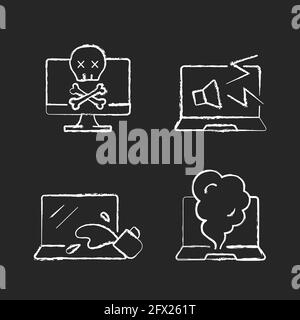 Broken laptop chalk white icons set on black background Stock Vector
