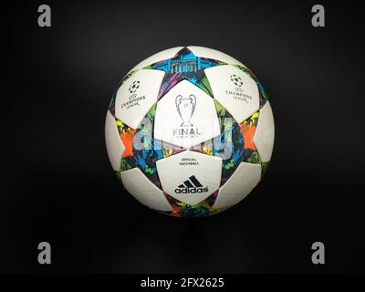 Soccer ball on black background, nike football Stock Photo