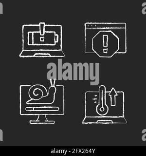 Computer errors chalk white icons set on black background Stock Vector