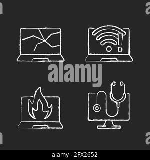 Computer issues chalk white icons set on black background Stock Vector