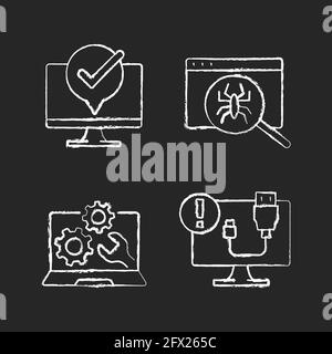 Computer diagnostics chalk white icons set on black background Stock Vector