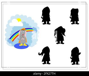 game for kids find the right shadow, a cute cartoon elephant stands near the rainbow. vector flat illustration of isolated on a white background Stock Vector