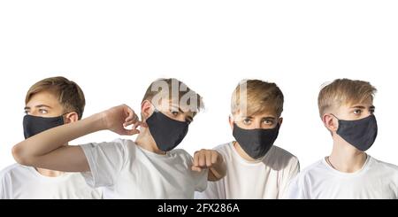 Collage. Portrait of teenage boy wearing surgical medical black protective face mask on white background, copy space Stock Photo