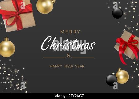 Christmas banner. Background Xmas design of sparkling lights , gifts box, snowflake and glitter gold. Christmas poster, greeting cards, headers, websi Stock Photo