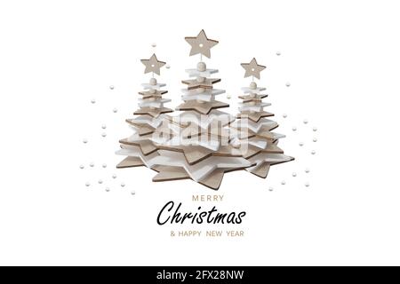 Christmas card. Xmas Festive composition with Christmas tree, decorative items. New Year decoration elements. Creative holiday invitation template.. Stock Photo
