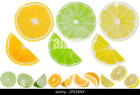 Fresh citrus fruits, orange, lemon, lime. Set of fresh juicy fruits isolated on white background Stock Photo