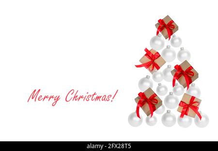 Christmas tree, creative composition in the shape of a Christmas tree, with fancy balls and gift boxes.. Stock Photo