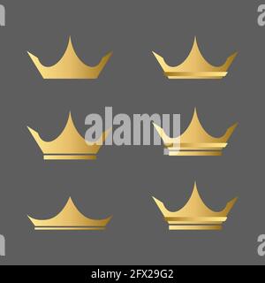Gold crown vector icons set. Decoration props for the creation of medals, coins, badges, etc, isolated on dark background. Stock Vector