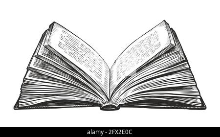 Open book isolated on white background. Hand draw vector vintage engraving illustration Stock Vector