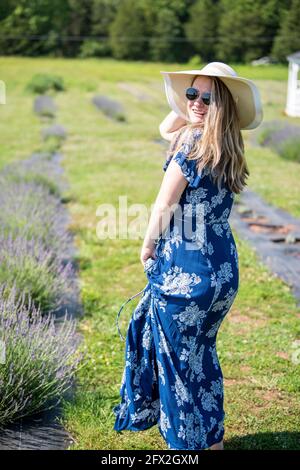 A caucasian woman wearing sunglasses and a blue dress walks in a field of fresh lavender. Her hair and dress blow in the wind. Blooming Meadow, Countr Stock Photo