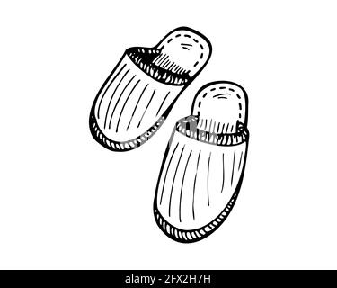 Sleeping slippers couple hand drawn sketch. Home comfortable shoes pair black and white doodle. Vector isolated eps illustration on white background Stock Vector