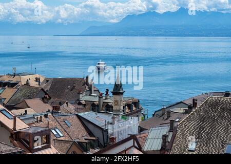 View over the rooftops of Nyon, Switzerland and Lake Geneva Stock Photo