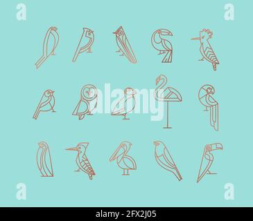 Set of bird icons in vintage art deco flat graphic style drawing on turquoise background Stock Vector