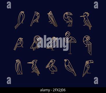 Set of bird icons in vintage art deco flat graphic style drawing on blue background Stock Vector