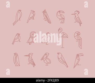 Set of bird icons in vintage art deco flat graphic style drawing on pink background Stock Vector