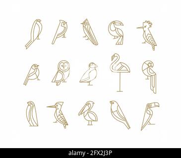Set of bird icons in vintage art deco flat graphic style drawing on white background Stock Vector