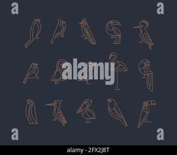 Set of bird icons in vintage art deco flat graphic style drawing on grey background Stock Vector