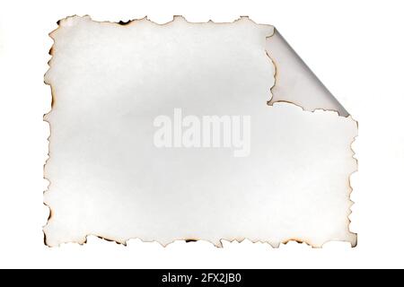 White sheet with burnt and curled edges. Isolated on white. Top view. Copy space. Stock Photo