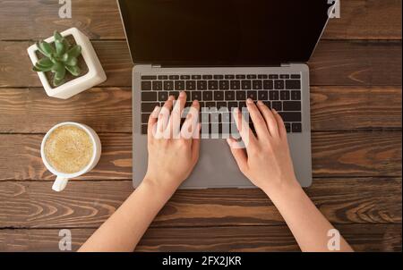 Woman's hands on laptop keyboard, lady working on computer with cup of coffee and small plant in pot on wooden table Stock Photo