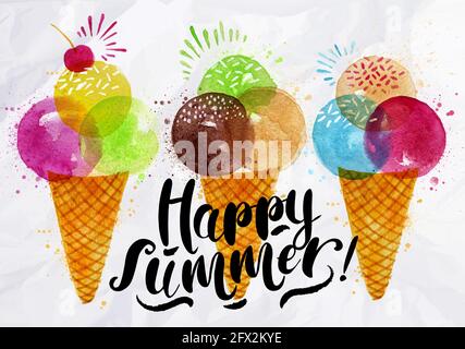 Poster watercolor ice cream cones different colors lettering happy summer drawing on crumpled paper Stock Vector