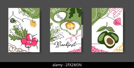 Breakfast wall line art decoration. Poster with eggs, radish, avocado. Set of vector illustrations, one continuous line drawing of breakfast food for Stock Vector
