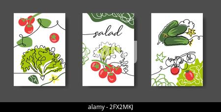 Salad wall line art decoration, poster. Set of vector illustrations, one continuous line decoration of vegetables tomatoes, cucumbers and saolad for Stock Vector