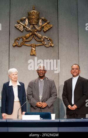 May 25,2021 :  From (L)  Sr. Sheila Kinsey ,Card. Peter K. A. Turkson and P. Joshtrom Isaac Kureethadam poses during a   Press Conference on the Closing of the Special Year on the Fifth Anniversary of Laudato si' and the Presentation of the Laudato si' Platform for Action at the Vatican Press Room Stock Photo