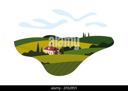 Vineyard wine grape hill farm banner concept sign. Romantic rural landscape in sunny day with villa, vineyard fields, plantation hills, farms, meadows and trees. Vector color creative illustration Stock Vector