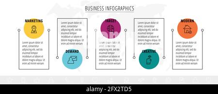Modern and line vector infographic with circles and 5 steps. Icons with thin lines for the app, website, interface, chart, levels, web, diagram Stock Vector