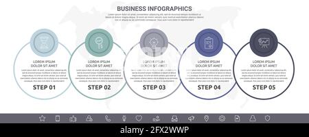Modern and line vector infographic with icons and 5 steps. Circles with thin lines for the application, website, interface, chart, levels, diagram Stock Vector