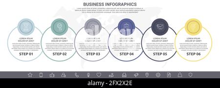 Modern and line vector infographic with icons and six steps. Circles with thin lines for the application, website, interface, chart, levels, banner Stock Vector